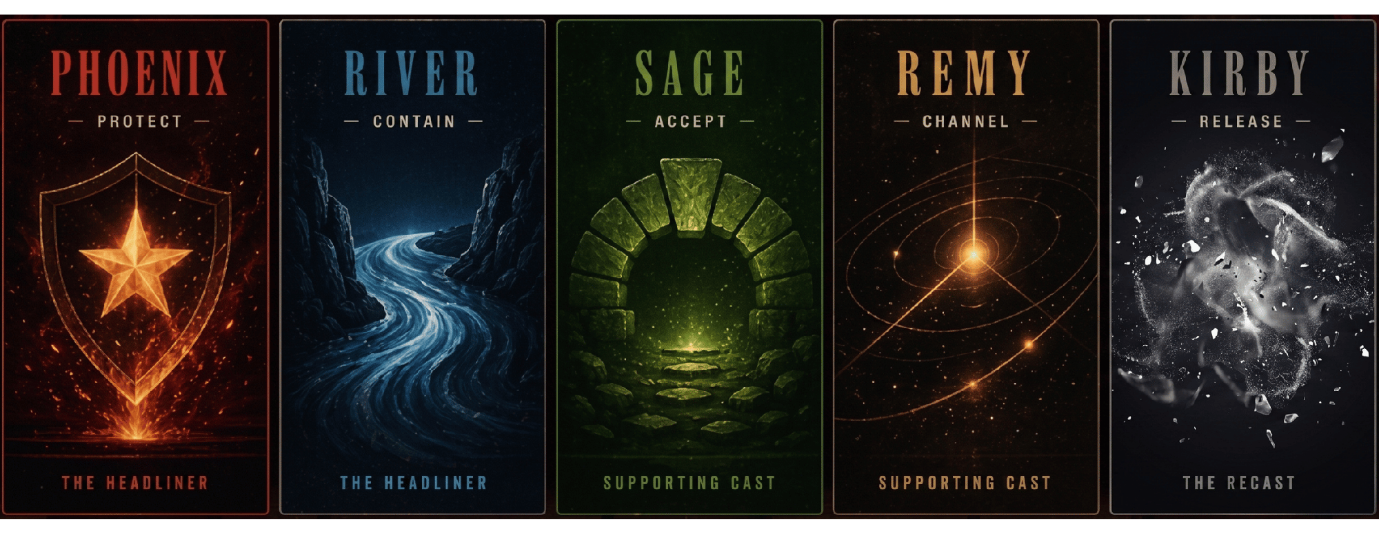 The Cast — Phoenix (Protect, The Headliner), River (Contain, The Headliner), Sage (Accept, Supporting Cast), Remy (Channel, Supporting Cast), Kirby (Release, The Recast)