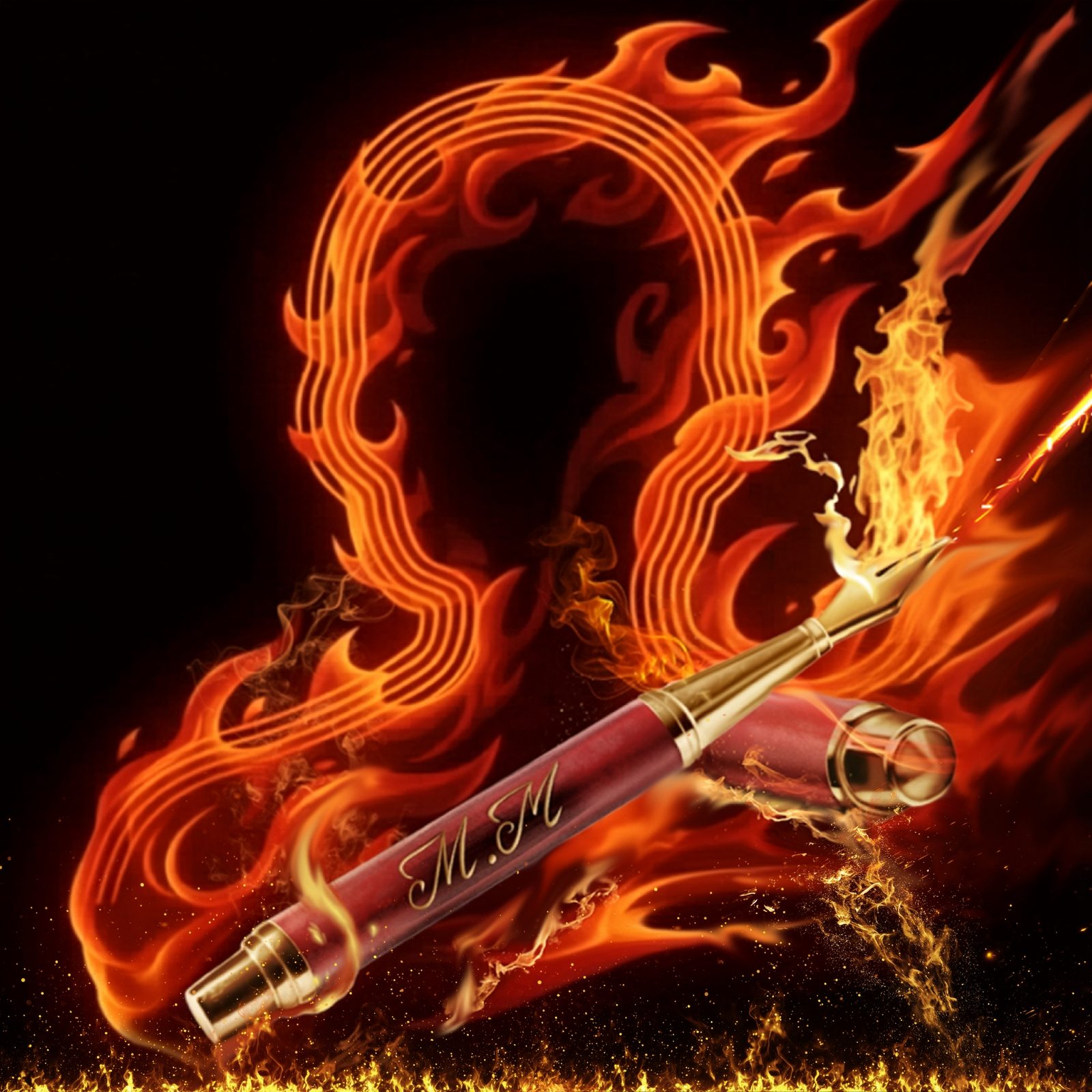 M. Meyerz — Flaming pen with M.M initials